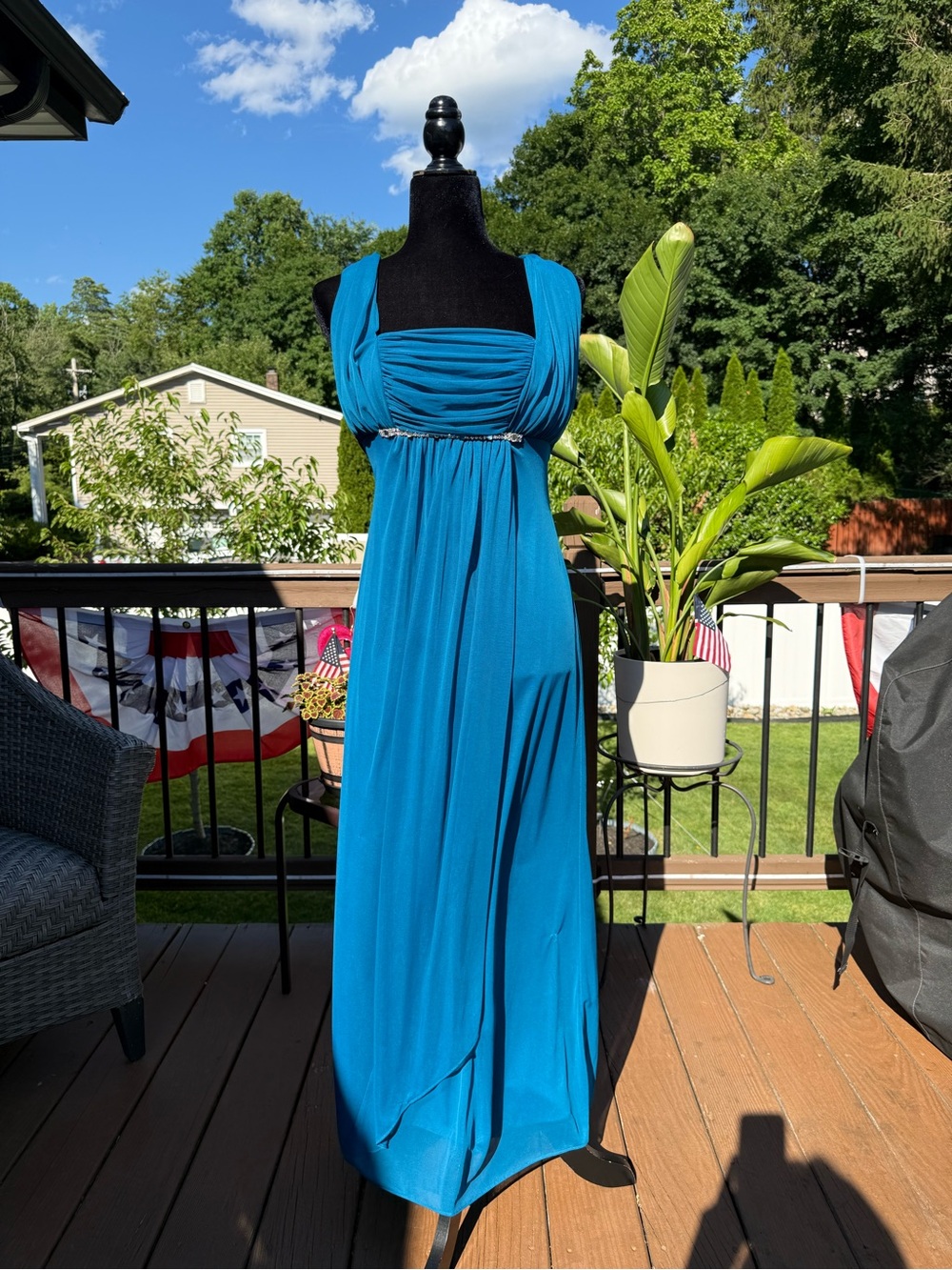 Betsy & Adam Teal Maxi Dress with Ruched Bodice